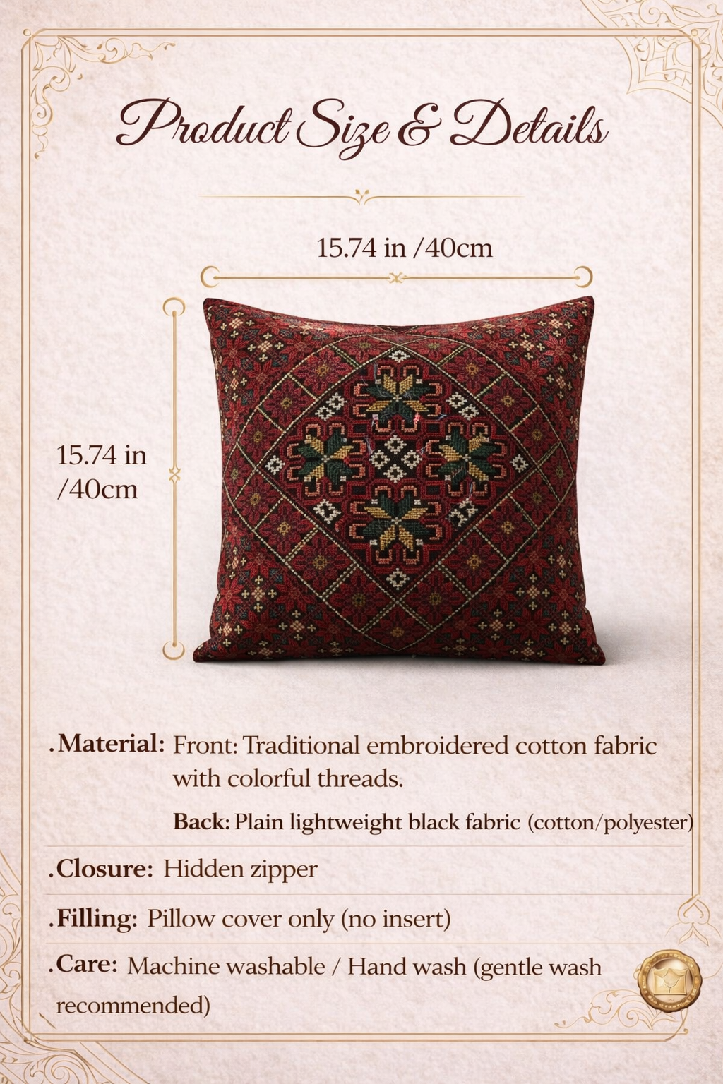 Embroidered Square Pillow Cover, 18x18 Decorative Cushion Case with Hidden Zipper, Boho Cotton Linen, Sofa/Bed