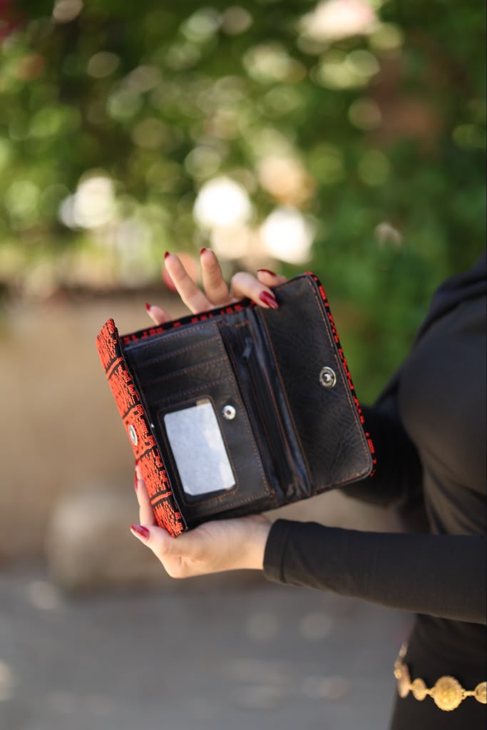 Embroidered Fold Wallet – Handmade Palestinian Tatreez | Red & Black Heritage Clutch
