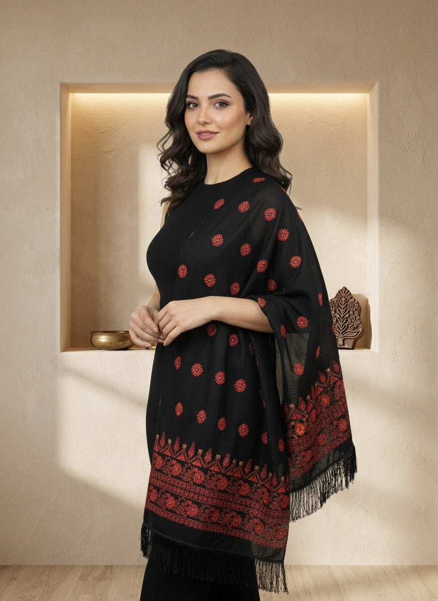 Women's Black Hand-Embroidered Georgette Scarf — Versatile Traditional Design Wrap
