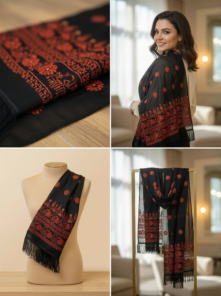 Women's Black Hand-Embroidered Georgette Scarf — Versatile Traditional Design Wrap