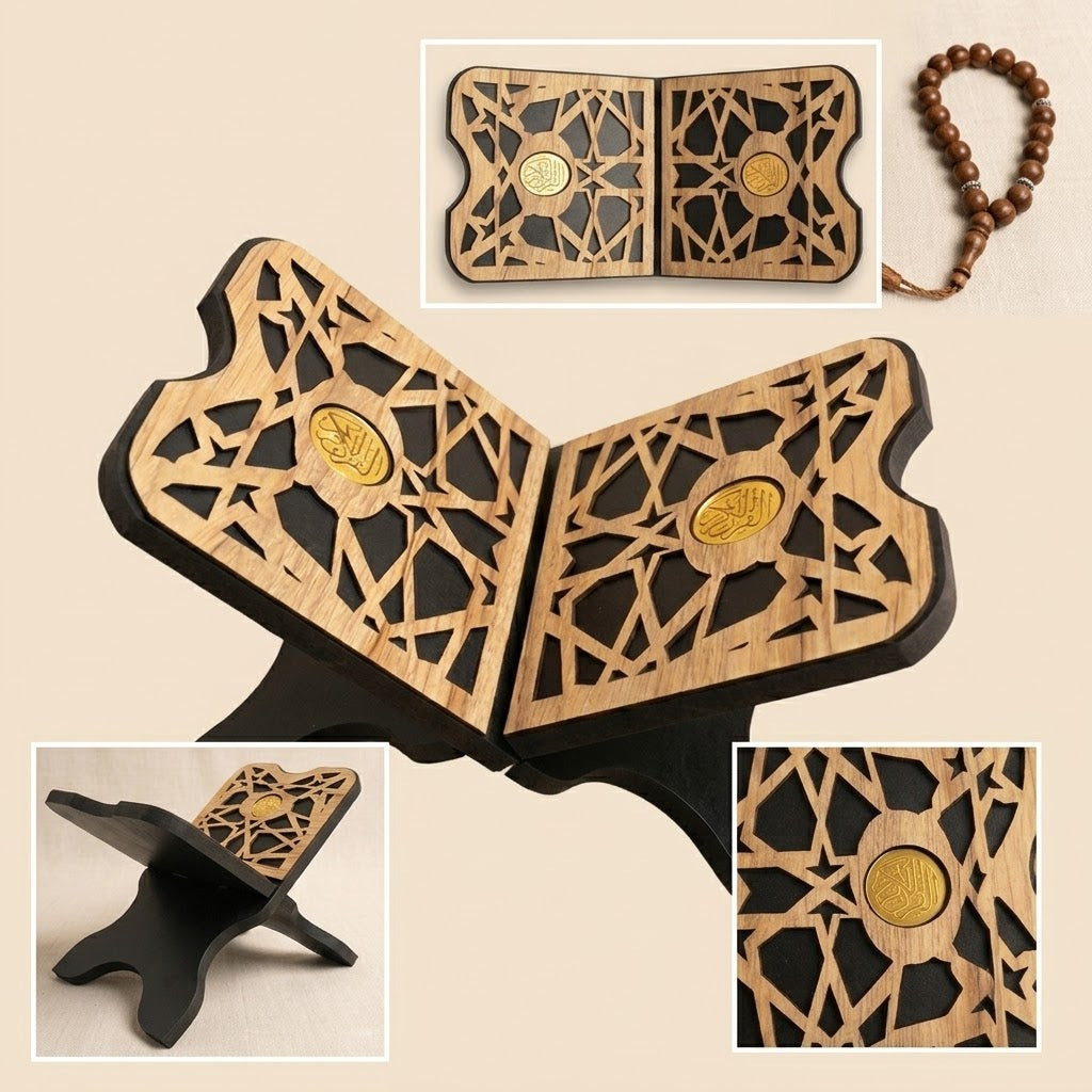 Wooden Book Stand with Oriental Geometric Designs — A Heritage Display Piece