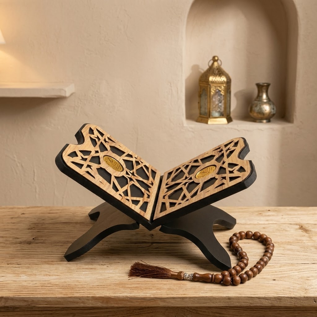 Wooden Book Stand with Oriental Geometric Designs — A Heritage Display Piece